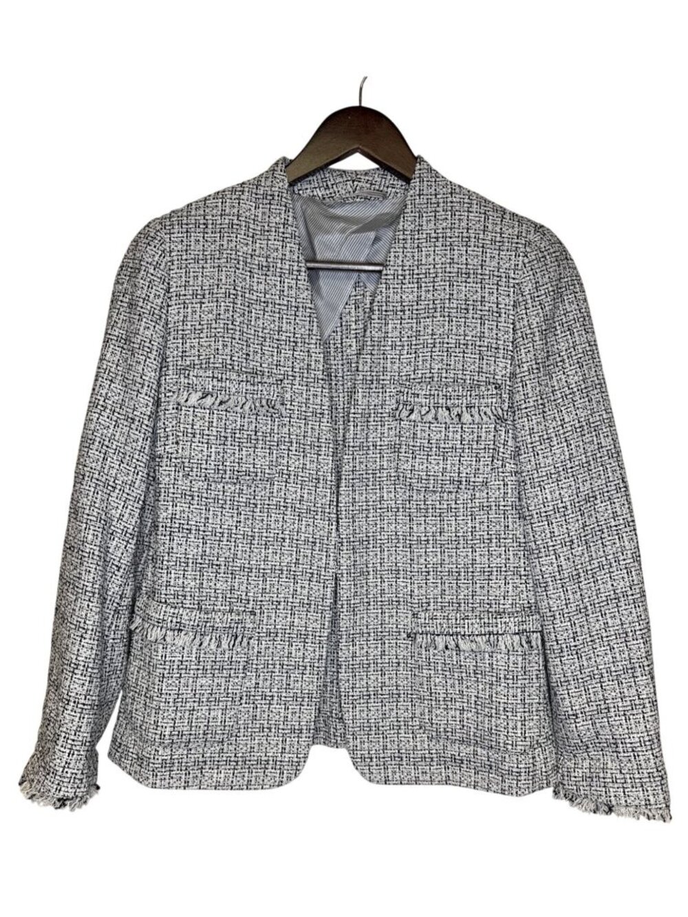 Weekend Max Mara Tweed Jacket Blazer Black White Fringe 6 US IT 40 Office Career